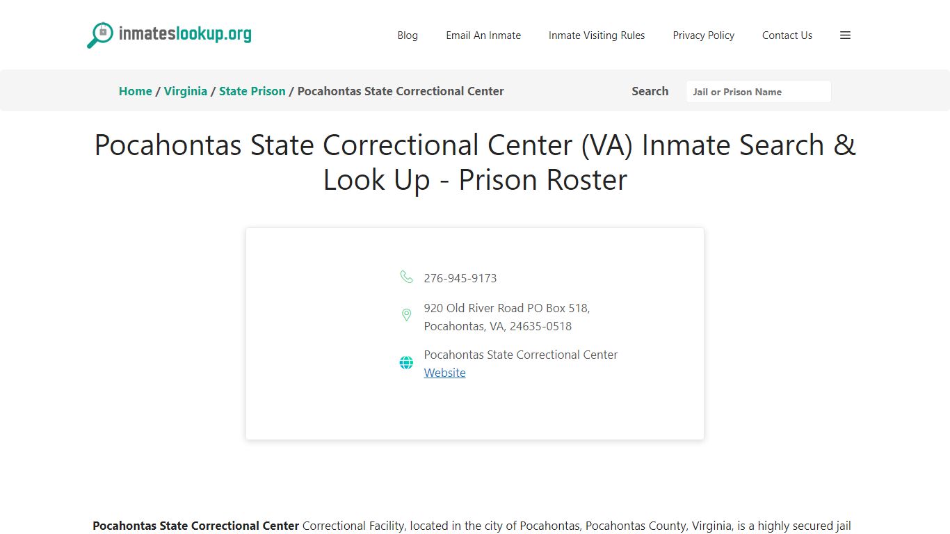 Pocahontas State Correctional Center (VA) Inmate Search & Look Up ...